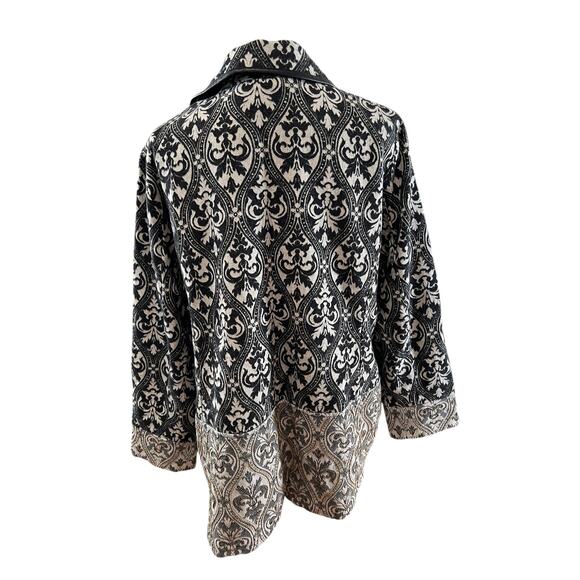 Chicos Soft Black & White Print Jacket Blazer Gold Accents, Faux Leather Trim - Picture 3 of 9